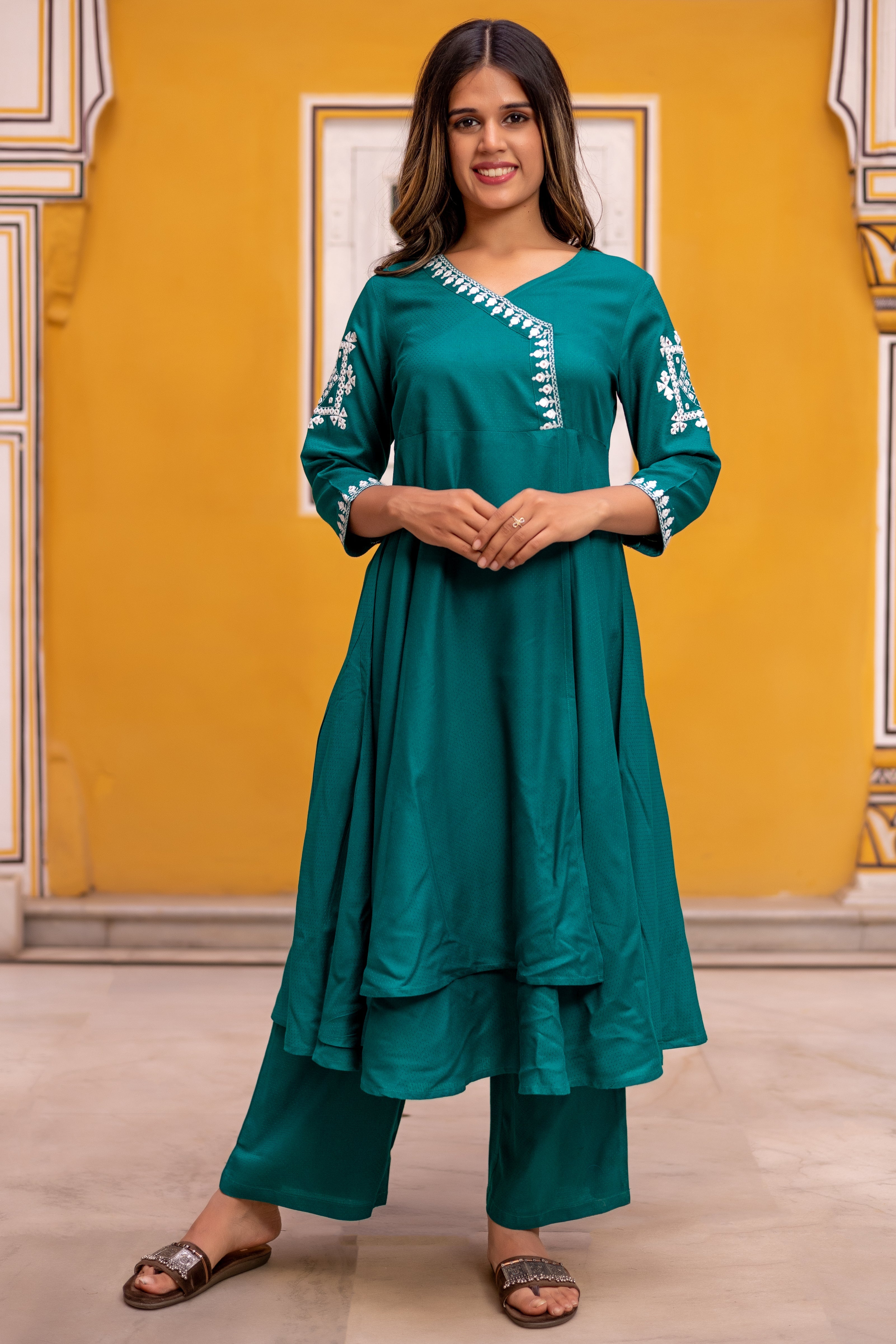 Rayon flared Teal Green Kurta Set